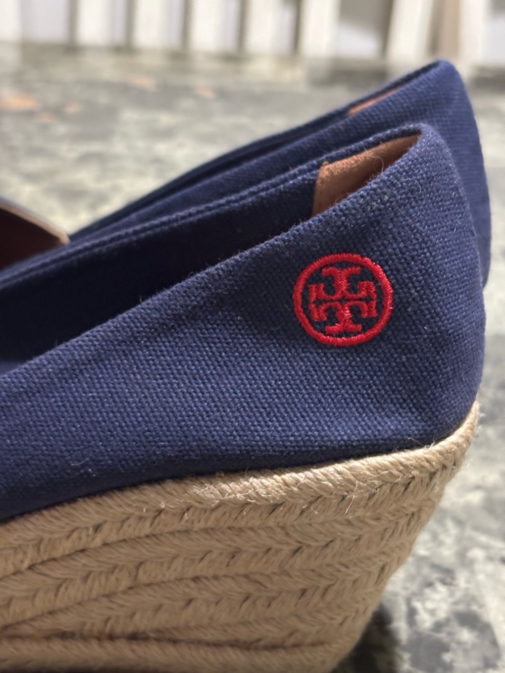 Tory Burch Navy Canvas Espadrille Wedge Peep-Toe - Picture 4 of 9